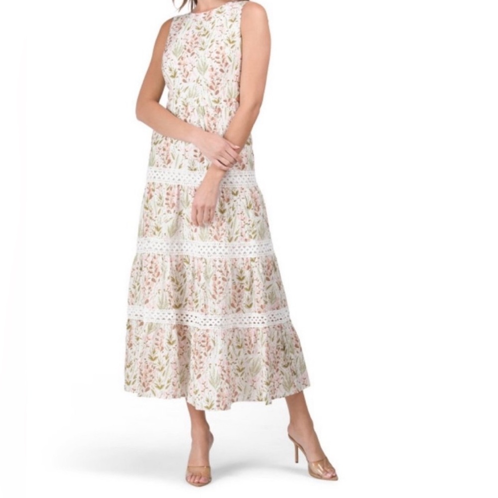 Melloday Tiered Floral Cutout Maxi Sleeveless Dress Eyelet Fit & Flare Size XS